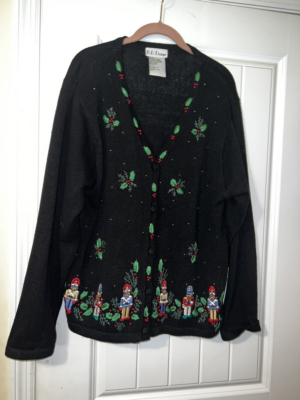 Vintage BP Design Size Large Knit Cardigan Womens Black Drummer Boy Embroidered